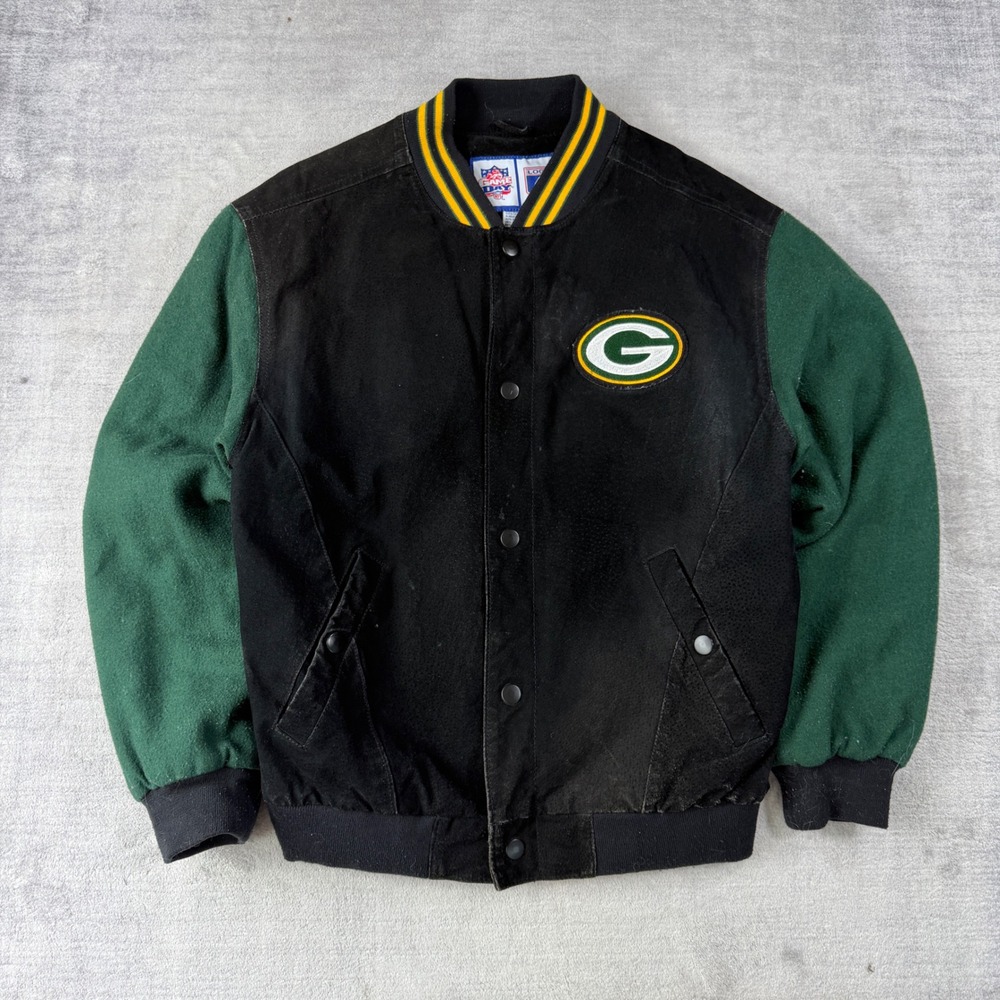 Green Bay Packers Jacket Mens Small Black Vintage Logo 7 Suede Wool NFL Bomber